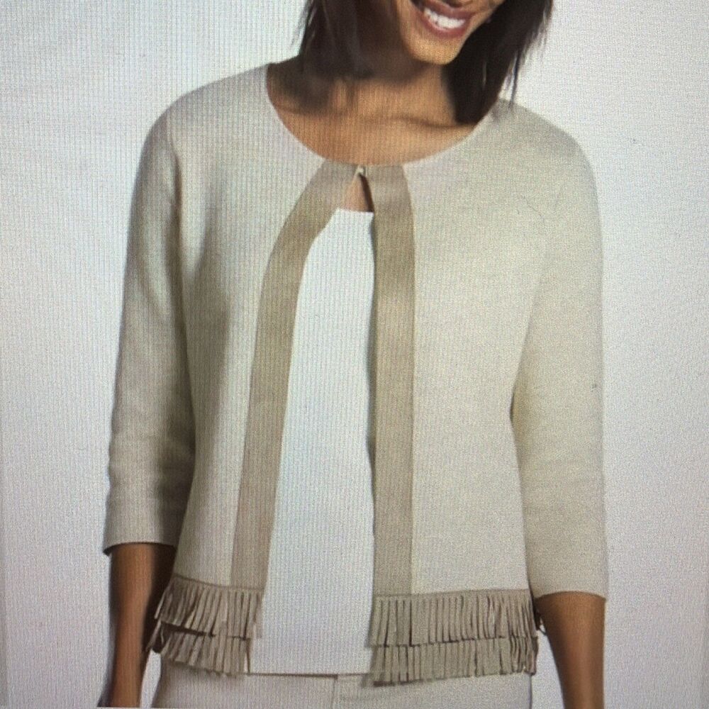 Chico's Faux Suede Fringe Hem Oatmeal Beige Cardigan Sweater Sz. 1 (M)